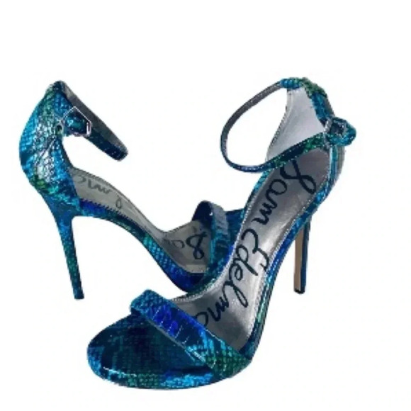 SAM EDELMAN | Eleanor Leather Snake Print Open Toe High Heels Stiletto Size 7.5M - Picture 5 of 7